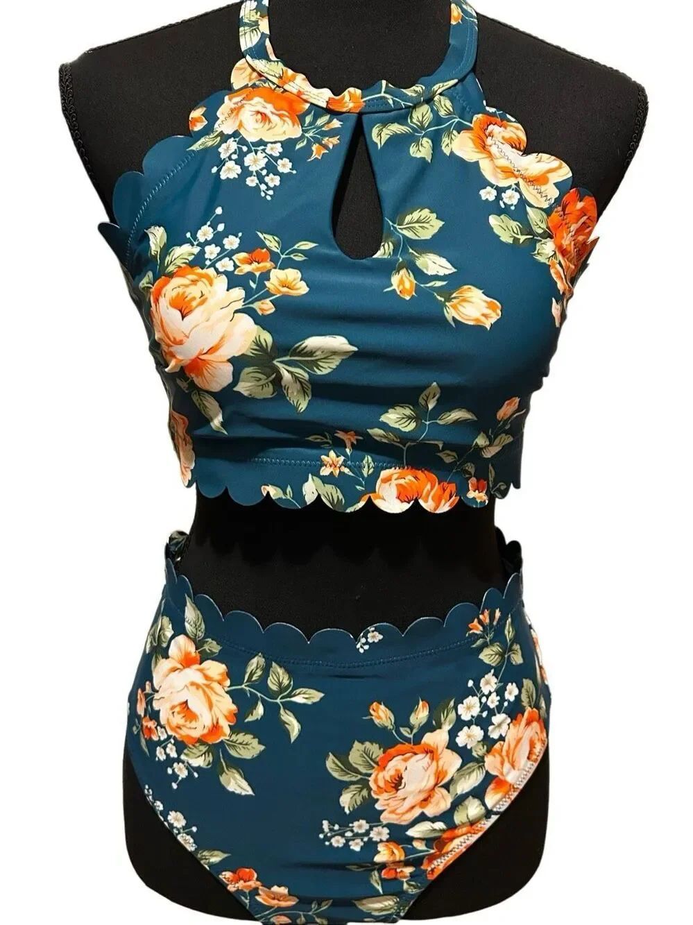 Cupshe Teal Green Floral High-Waisted Bikini Set Neck Tie Scalloped Edges Size M